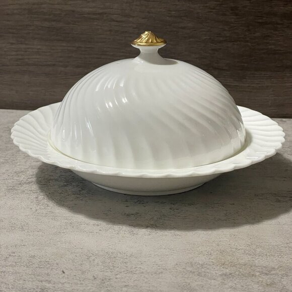 Minton Early 20th C. White Porcelain Domed Covered Cheese Butter Dish Gold Knob - Picture 1 of 7